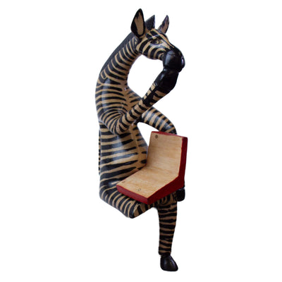 Thinking Zebra Carved Wood Sculpture Shelf Decor