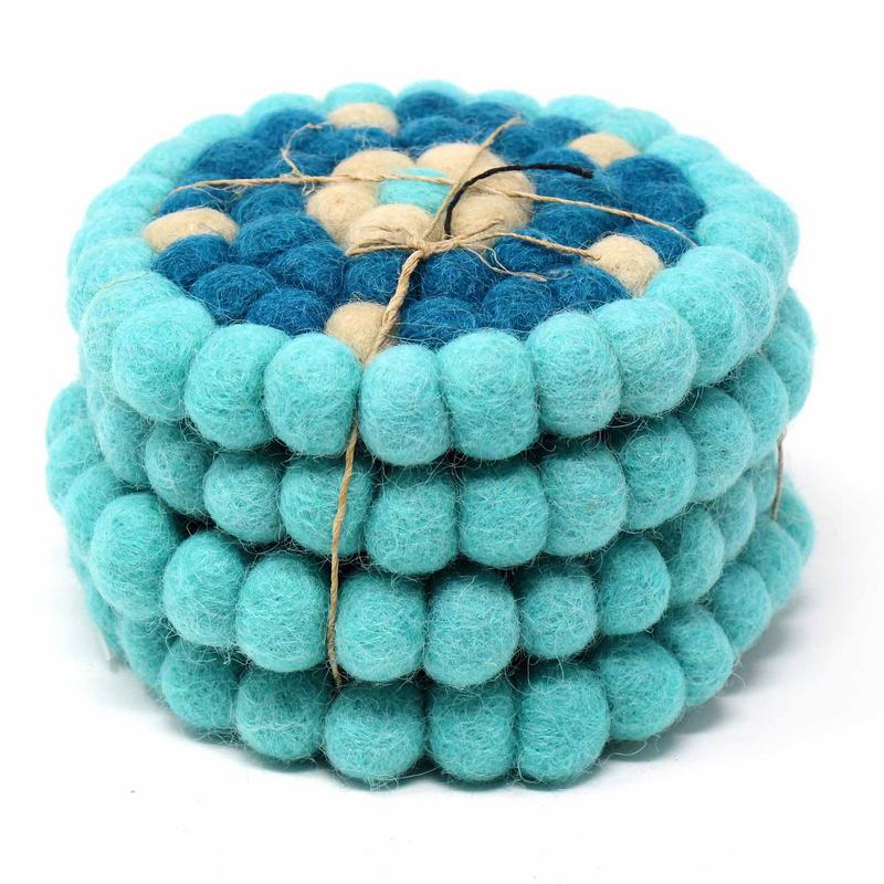 Turquoise Flower Felt Ball Coasters, Set of 4