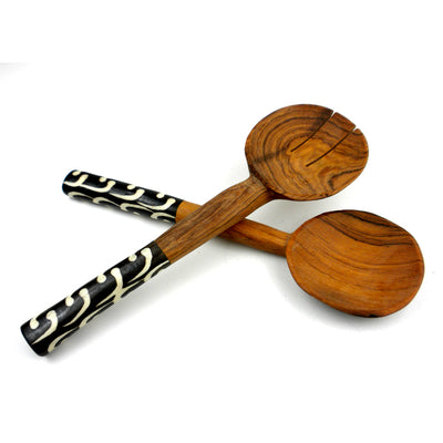Olive Wood Serving Set with Batik Bone Handles, Assorted Designs