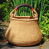 Bolga Pot Basket - Natural with Leather Handle