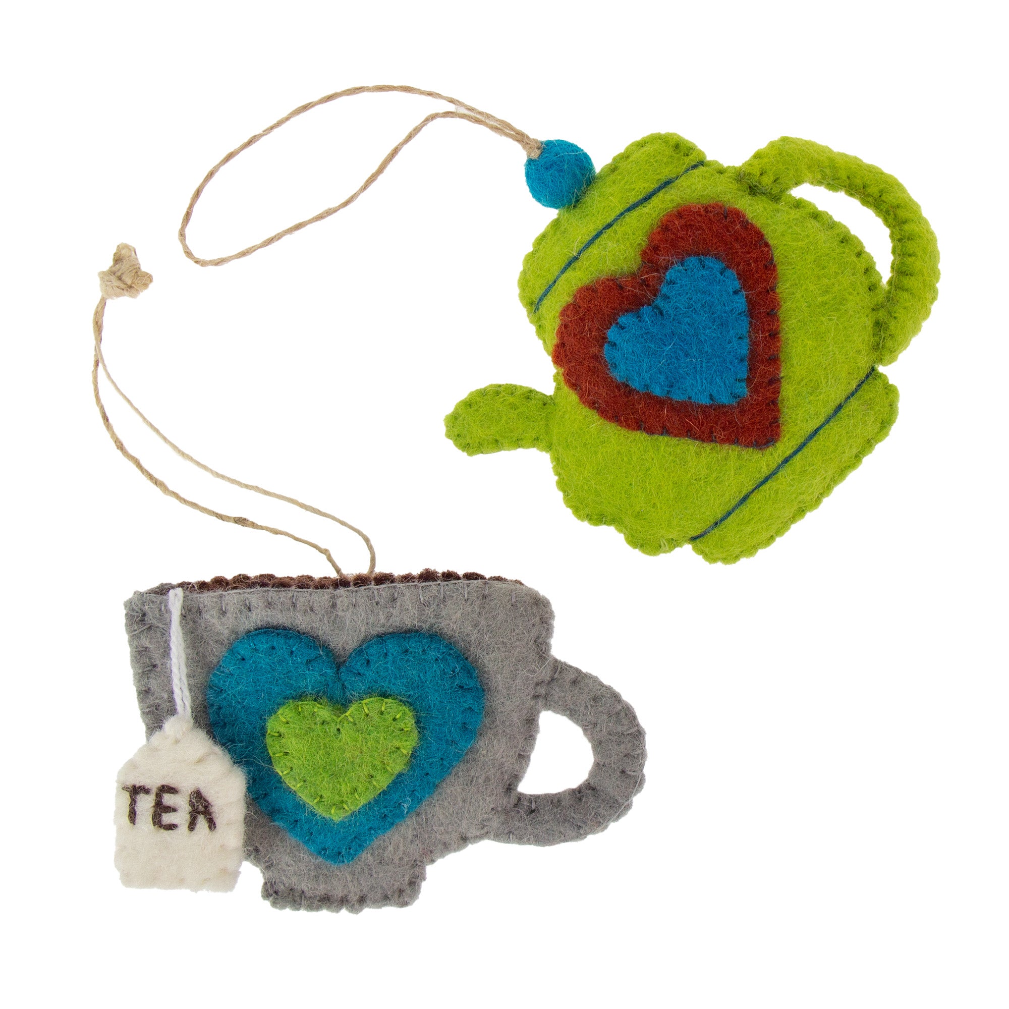 Tea Pot & Tea Cup Ornament Set, Avocado Green