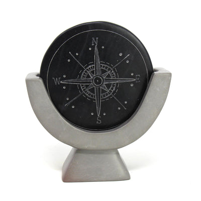 Soapstone Compass Sculpture - Dark Gray Stone