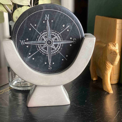 Soapstone Compass Sculpture - Dark Gray Stone