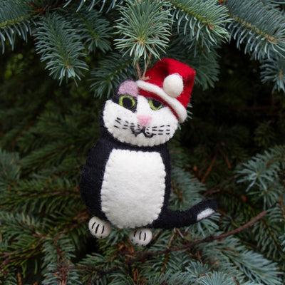 Black and White Tabby Santa Cat Felt Ornament