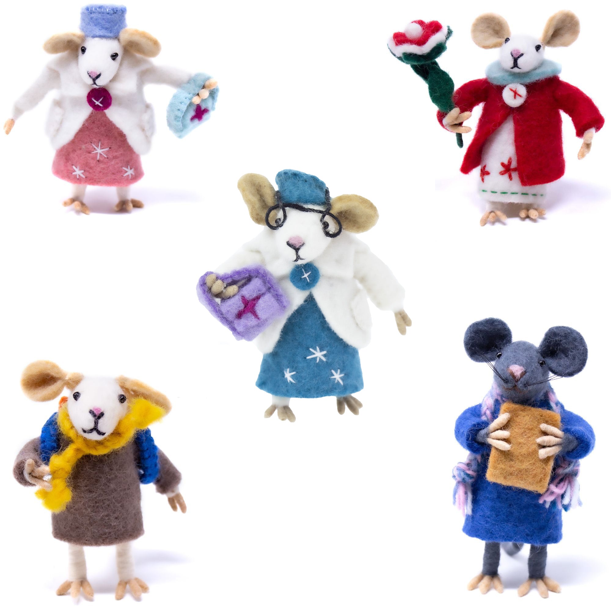 Set of Five Family Mouse Collectibles Handmade Felt Decor