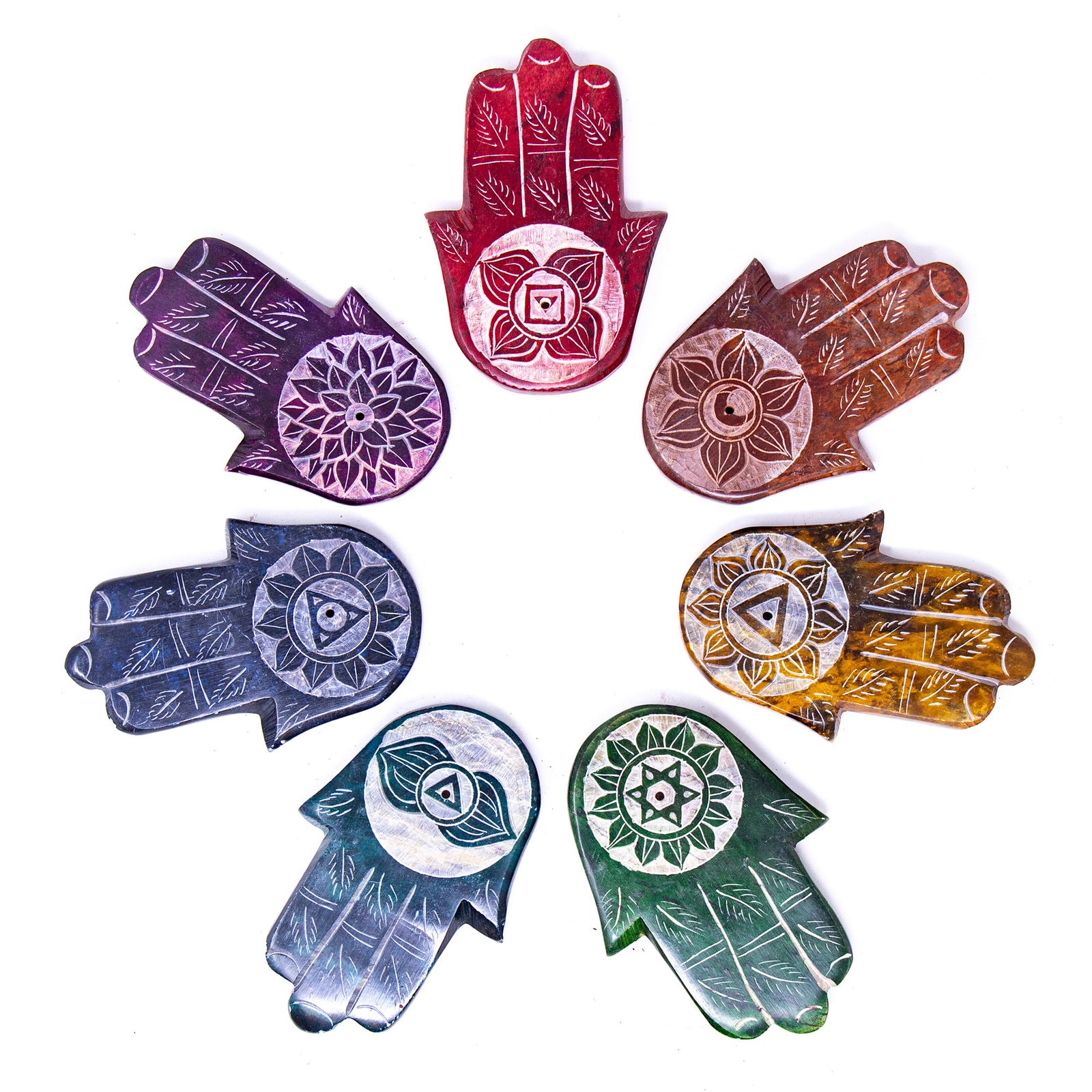 7-Pack - Soapstone Hamsa Hand Incense Holders - Chakra Colors and Designs