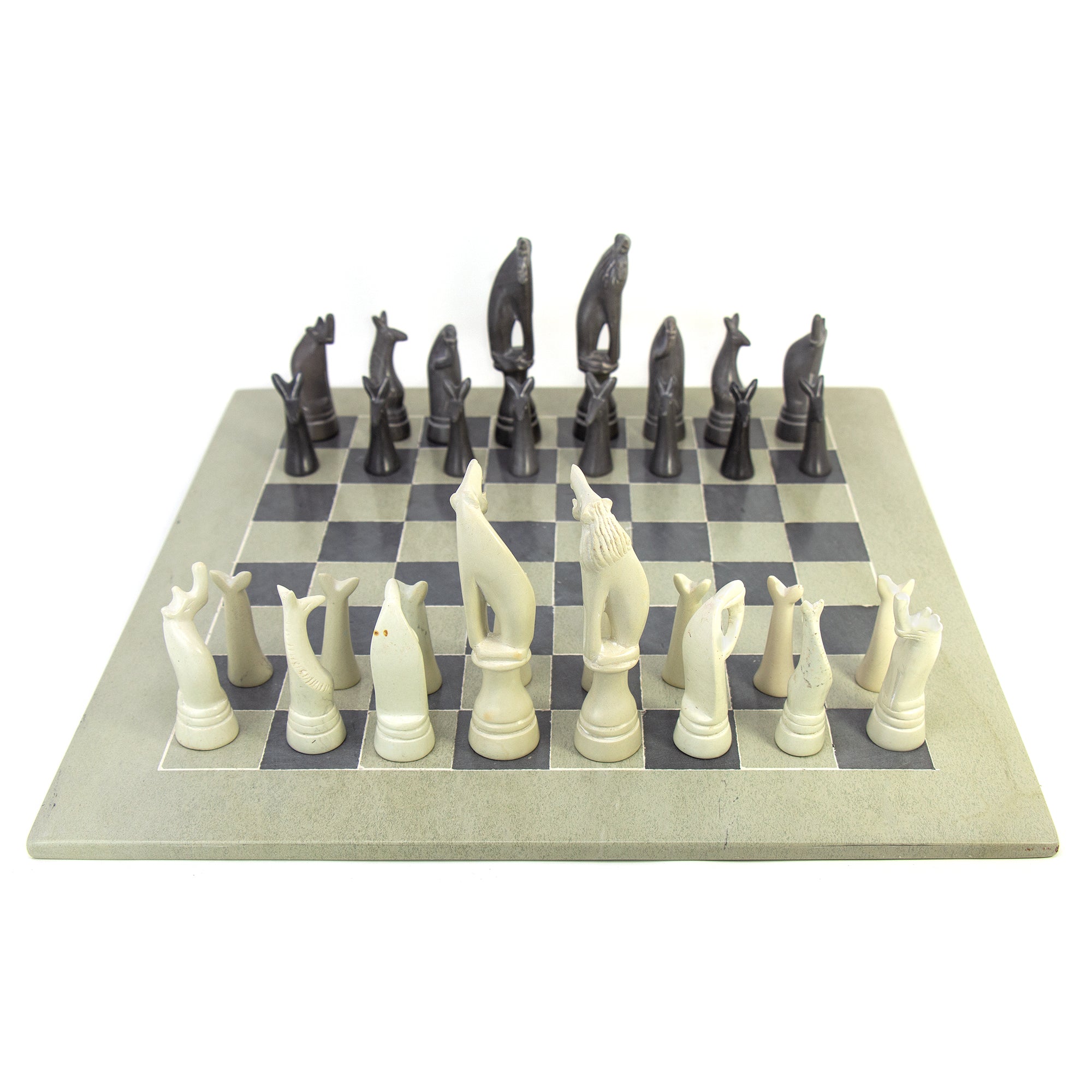 Soapstone Hand-Carved Chess Set - Safari Animal Pieces - Grey/Natural Stone