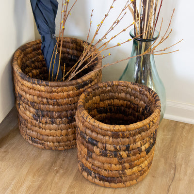 Handwoven Banana Fiber Stacked Baskets, Two Nested
