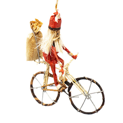 Banana Fiber Santa on a Bicycle Ornament