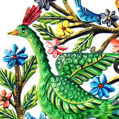 Peacock in Tree Painted Haitian Metal Drum Wall Art, 24"