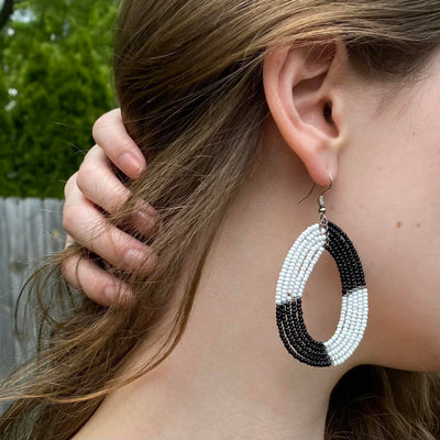 PACK OF 5 -Maasai Bead Zebra Black and White Teardrop Earrings