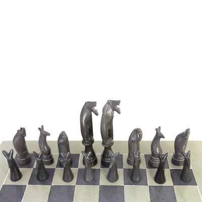 Soapstone Hand-Carved Chess Set - Safari Animal Pieces - Grey/Natural Stone