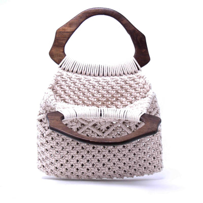 Macramé Bag with Arched Wooden Handle, Unlined Interior