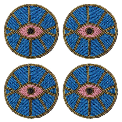 Blue Evil Eye Beaded Coasters, Set of 4