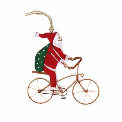 Recycled Wire Bicycle Santa Ornament