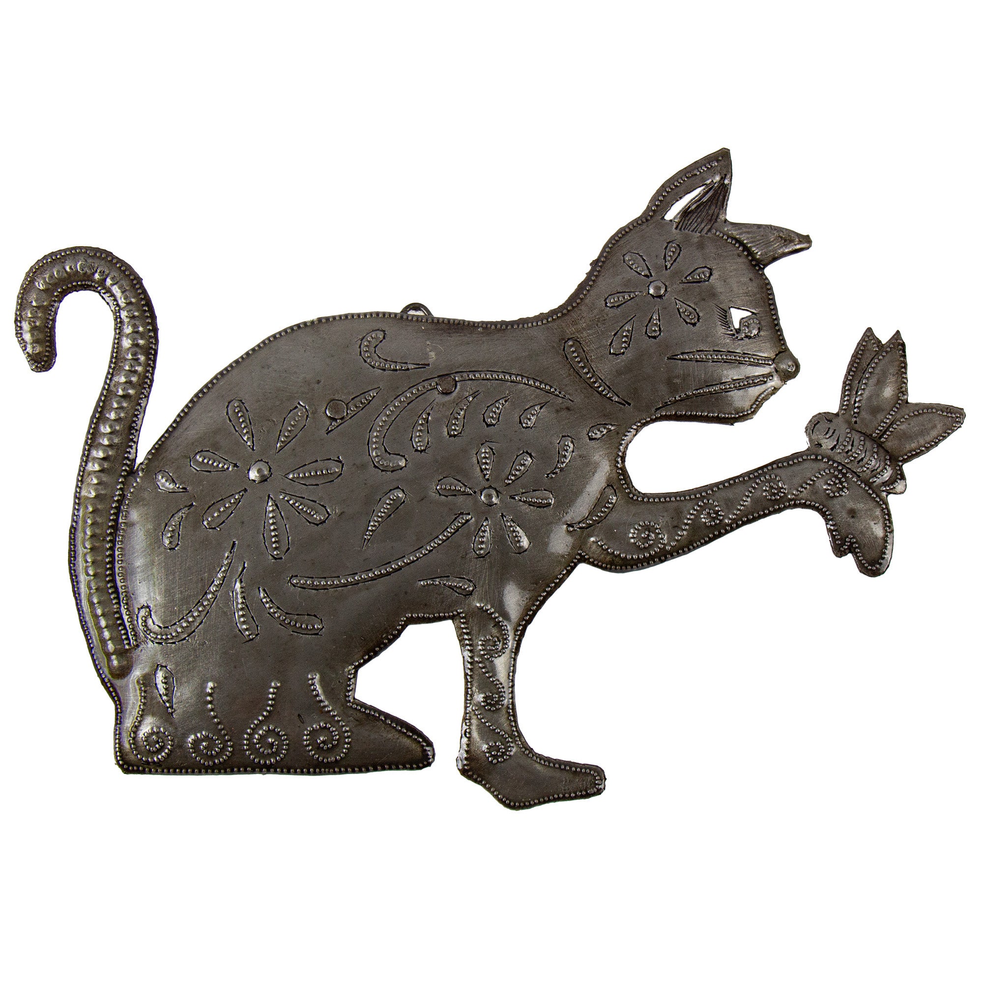 Playful Kitty and Butterfly Haitian Steel Drum Wall Art