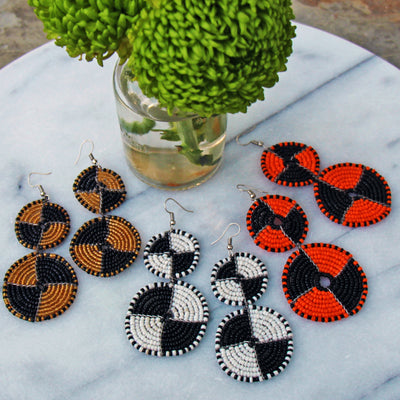 PACK OF 5 -Maasai Bead Double Circle Dangle Earrings, Mango Orange and Black