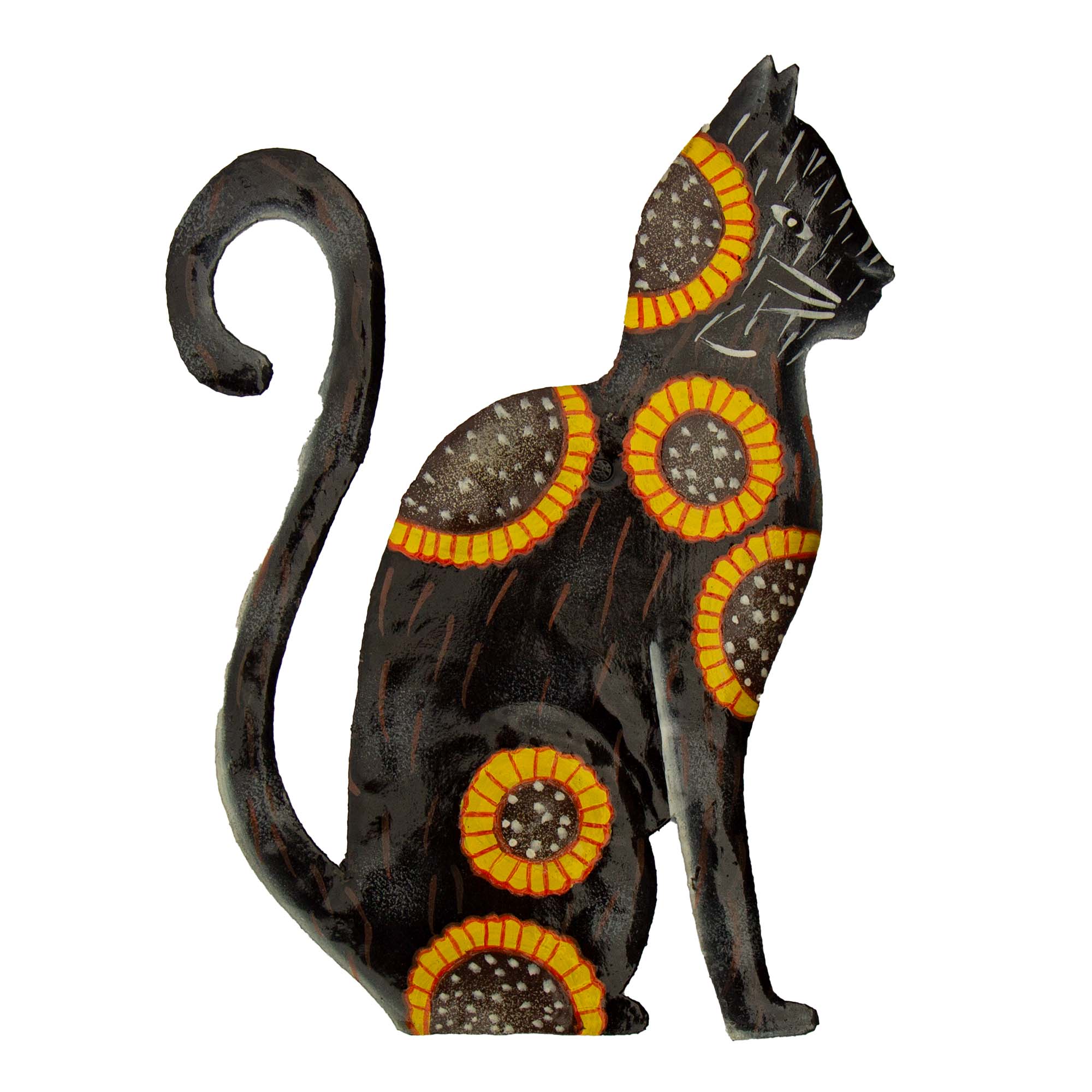 Playful Kitten Painted with Sunflowers Haitian Steel Drum Wall Art - Sitting, 13 inches