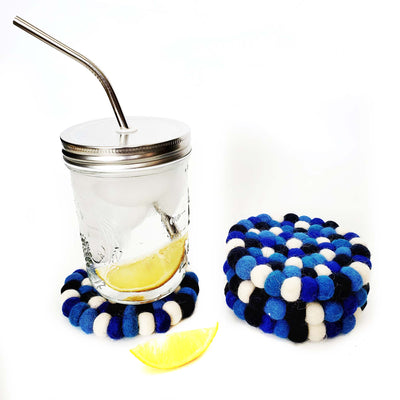 Mediterranean  Blue Felt Ball Coasters, Set of 4