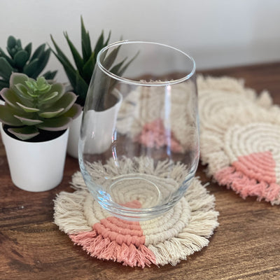 Macrame Coasters in Blush with fringe, Set of 4