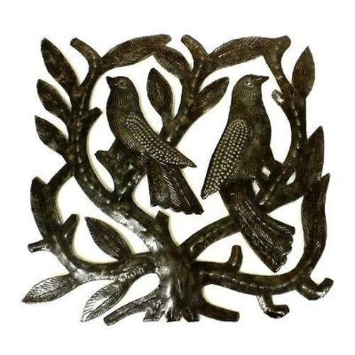Square Tree of Life with Birds Haitian Metal Drum Wall Art, 8"