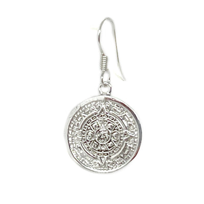 Mexican Taxco Alpaca Silver Aztec Calendar Dangle Earrings