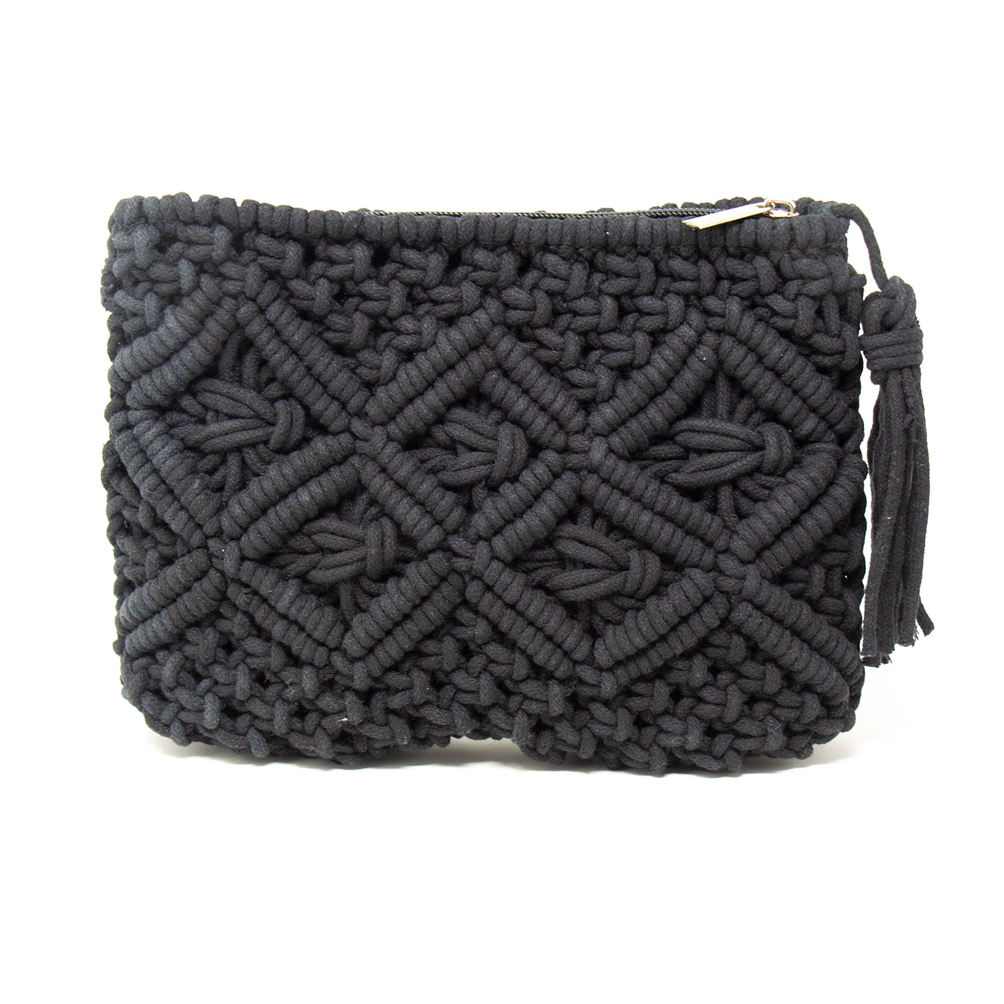 Macrame Clutch with Tassel, Black