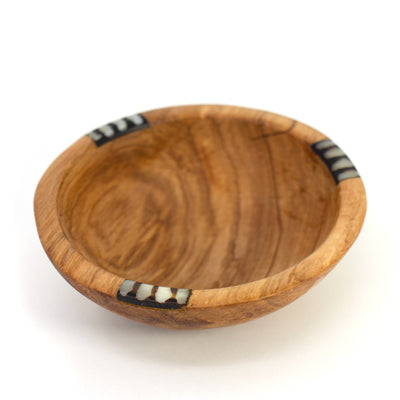 Set of Two Small Olive Wood Bowls with Bone Inlay