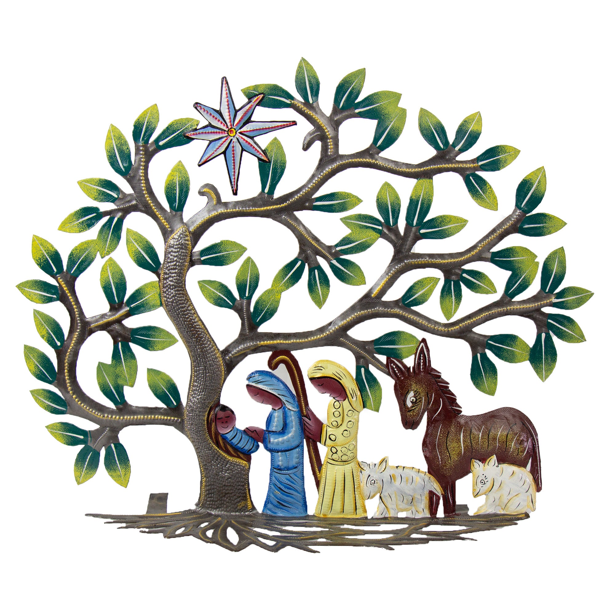 Haitian Metal Drum Tabletop Tree Creche Nativity 22 inch