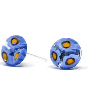 Round Glass Stud Earrings, Blue and Yellow Flowers - Pack of 3