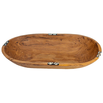 Large Oval Olive Wood Bowl with Bone Inlay Accent