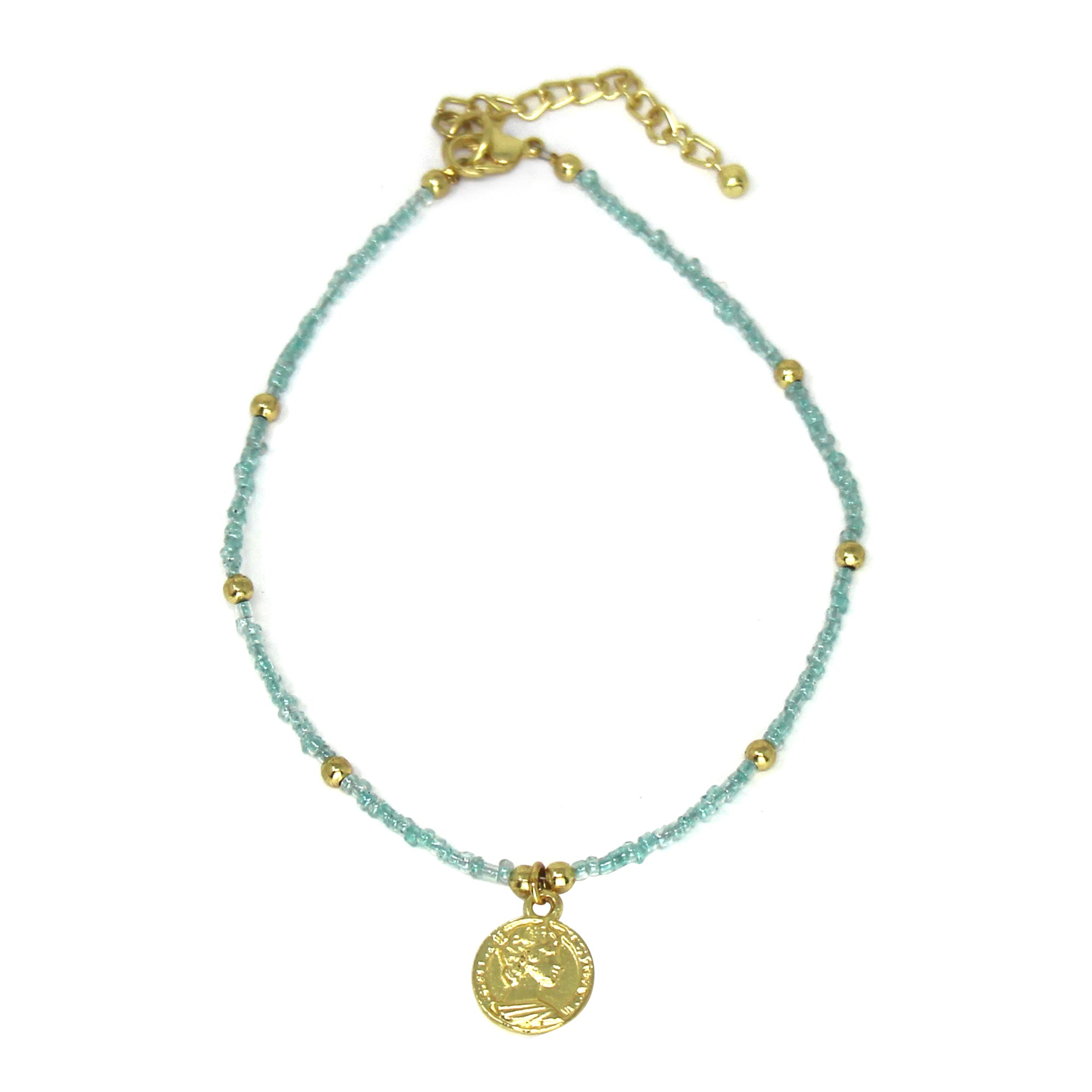 Baby blue Glass Bead Choker with Golden Coin Pendant- Pack of 3