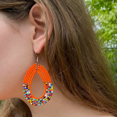 PACK OF 5 -Maasai Bead Orange and Multicolor Teardrop Earrings