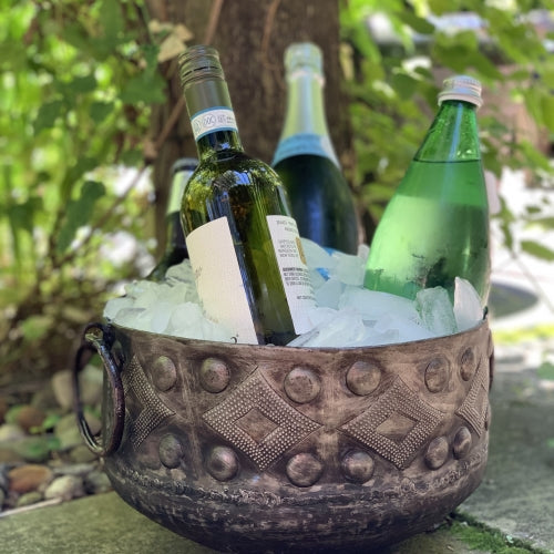 Hammered Metal Bowl with Round Handles Haitian Drum Tabletop Décor (11.5" x 8 ")