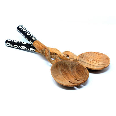 Olive Wood Serving Set, Braided Batik Handles