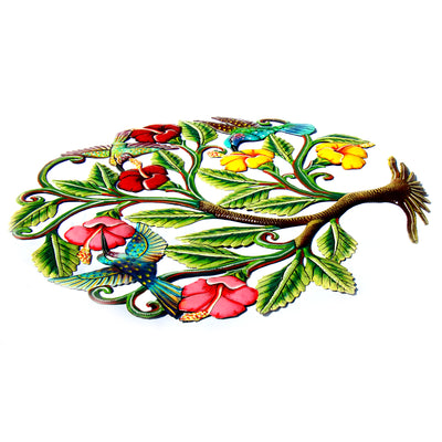 Hummingbirds and Hibiscus Flowers Painted Haitian Metal Drum Wall Art, 24"