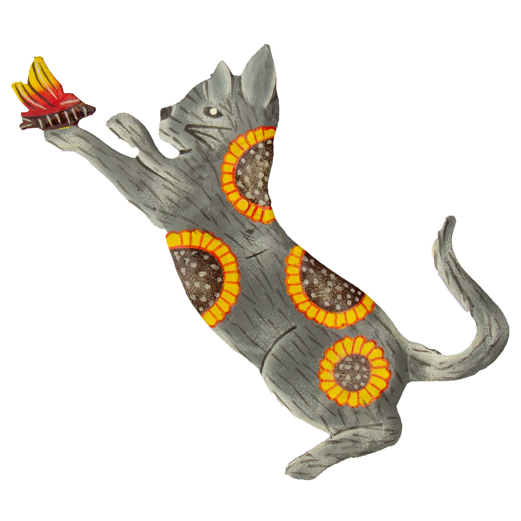 Playful Kitten Painted with Sunflowers Haitian Steel Drum Wall Art - Butterfly, 13 inch