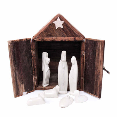 13-Piece Set - Soapstone Kenya Nativity Set and Banana Fiber Barn