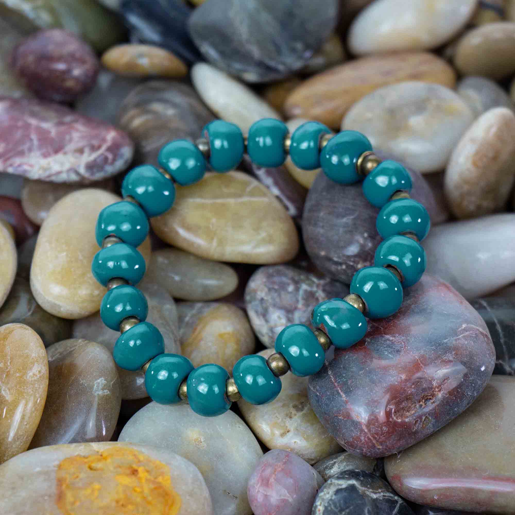 Clay Bead Bracelet - EVIL EYE STONE With Blue, White & Silver Accents HAND  MADE