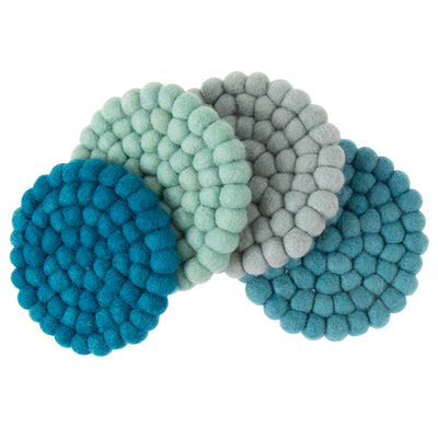 Teal Tonal Felt Ball Coasters, Set of 4