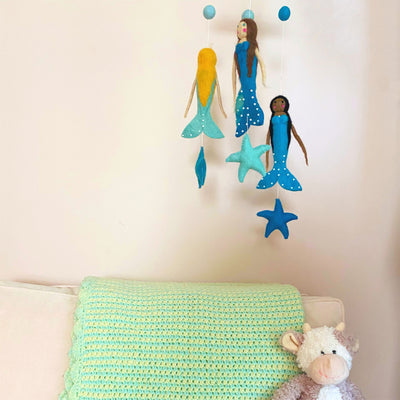 Blue  Multi-cultural Mermaid Felt Nursery Mobile