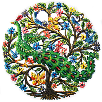 Peacock in Tree Painted Haitian Metal Drum Wall Art, 24"