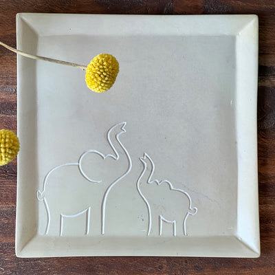 Soapstone Mama & Baby Elephant Square Plate - Food Safe