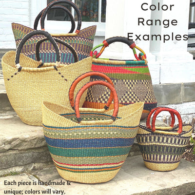 Bolga Tote, Mixed Colors with Leather Handle