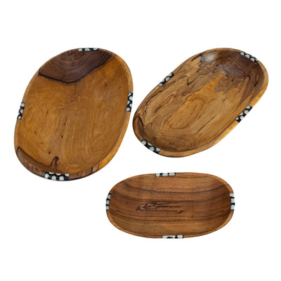 3 Nested Oval Olive Wood Bowls with Bone Inlay Accent