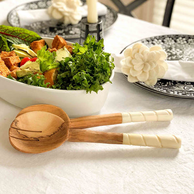 Olive Wood Serving Set, Natural White Bone Handles - Etched Design