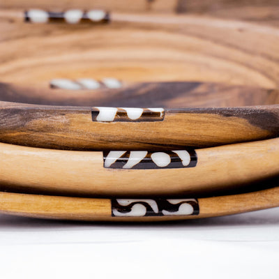 3 Nested Oval Olive Wood Bowls with Bone Inlay Accent