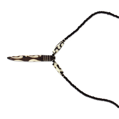 Bone "Tooth" Necklace on Leather Chain with Brass Closure- Batik Design