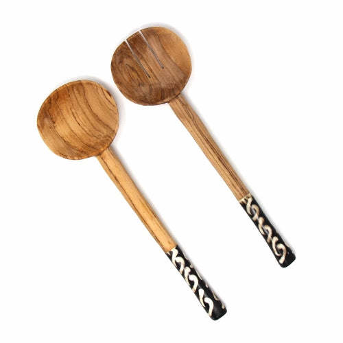 Olive Wood Serving Set, Boomerang Batik Handles