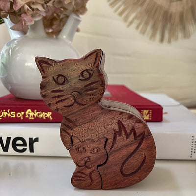 Sheesham Wood Carved Mama and Kitten Puzzle Box